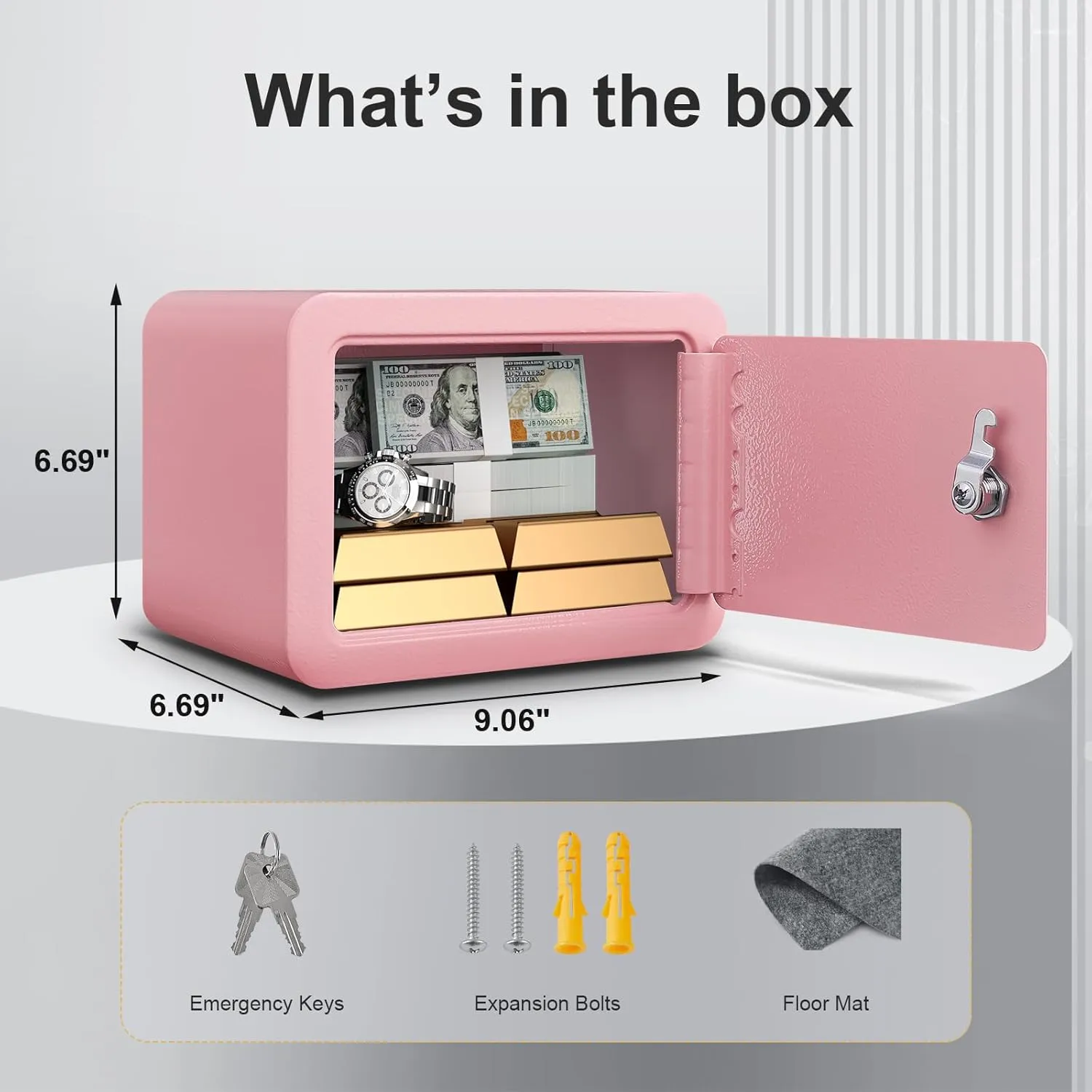 0.23 Cubic Small Safe Box for Home, Mini Safes for Kids, Pink Safe with Key, Security Cabinet Safes with Cutting-edge Bending, Lock Box with Keys for Money Cash, 6.69x 9.06x 6.69 Inches, Pink