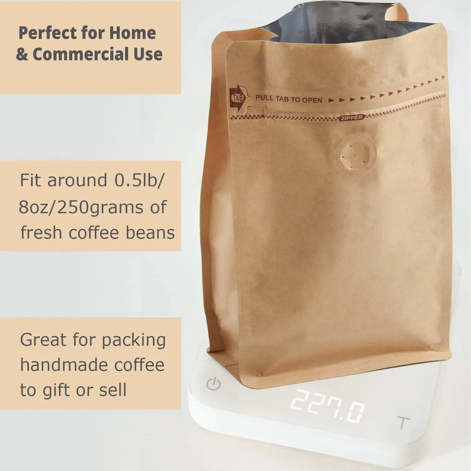 100 Count 0.5 lb Kraft Paper Coffee Bags - High Barrier Kraft & Foil Liner - Flat Bottom Coffee Pouches with Degassing Valve, Food Storage Bags with Rsealable Zipper & Easy Open Tape (100, 8oz/½lb)