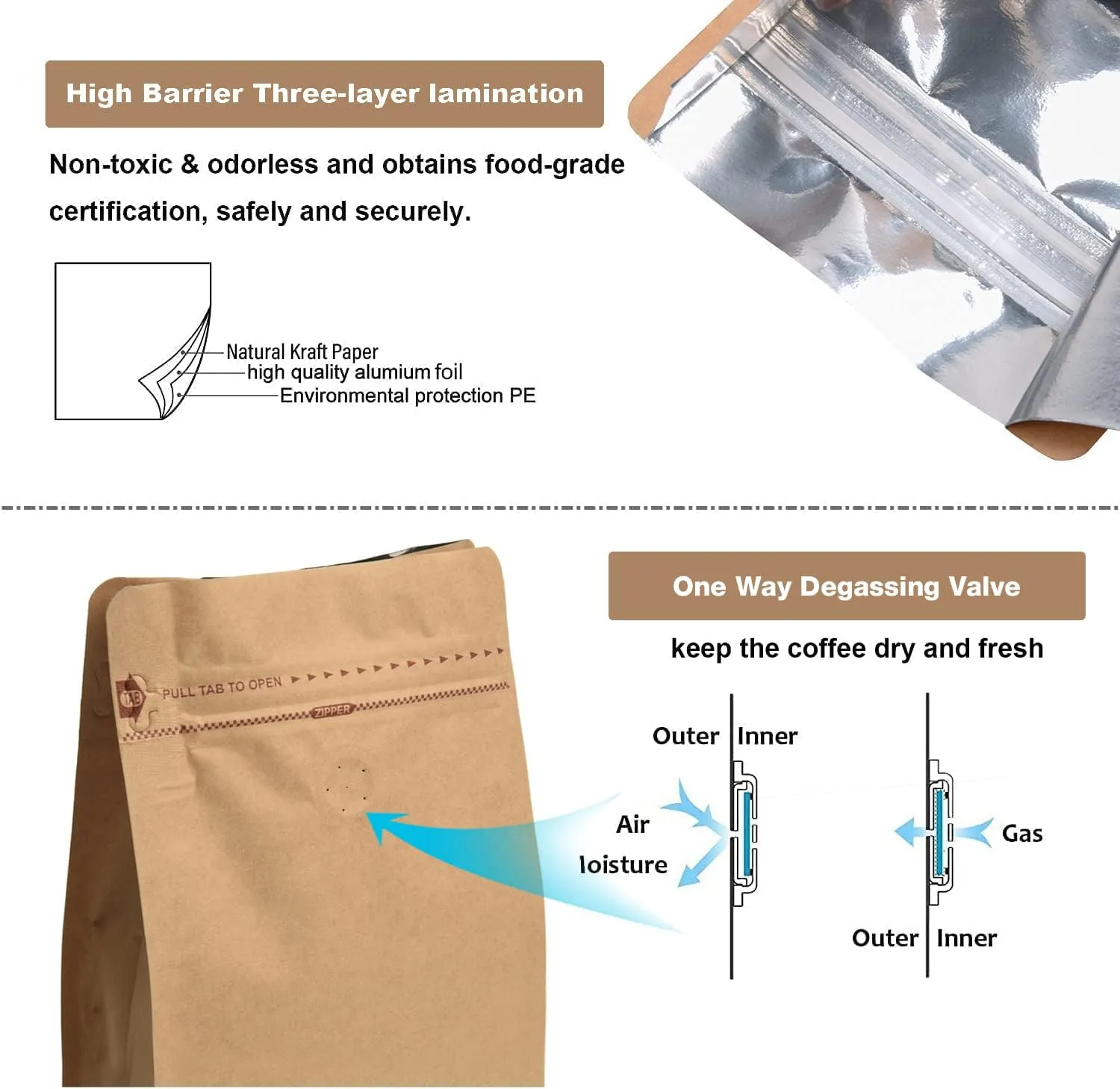 100 Count 0.5 lb Kraft Paper Coffee Bags - High Barrier Kraft & Foil Liner - Flat Bottom Coffee Pouches with Degassing Valve, Food Storage Bags with Rsealable Zipper & Easy Open Tape (100, 8oz/½lb)