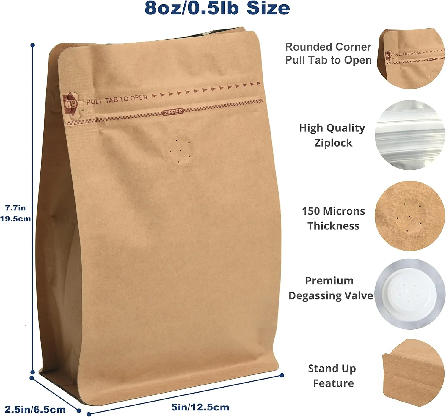 100 Count 0.5 lb Kraft Paper Coffee Bags - High Barrier Kraft & Foil Liner - Flat Bottom Coffee Pouches with Degassing Valve, Food Storage Bags with Rsealable Zipper & Easy Open Tape (100, 8oz/½lb)