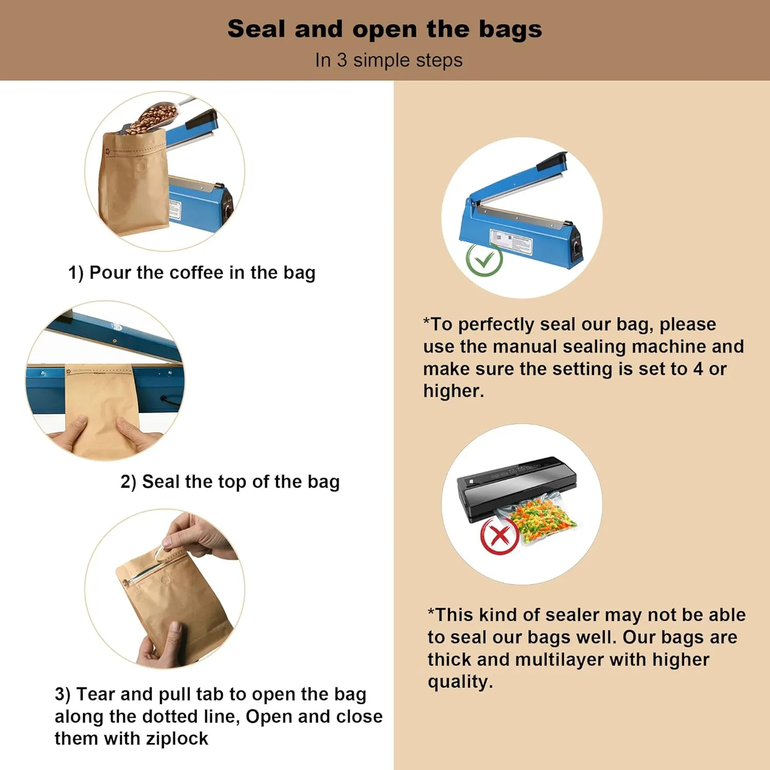 100 Count 0.5 lb Kraft Paper Coffee Bags - High Barrier Kraft & Foil Liner - Flat Bottom Coffee Pouches with Degassing Valve, Food Storage Bags with Rsealable Zipper & Easy Open Tape (100, 8oz/½lb)