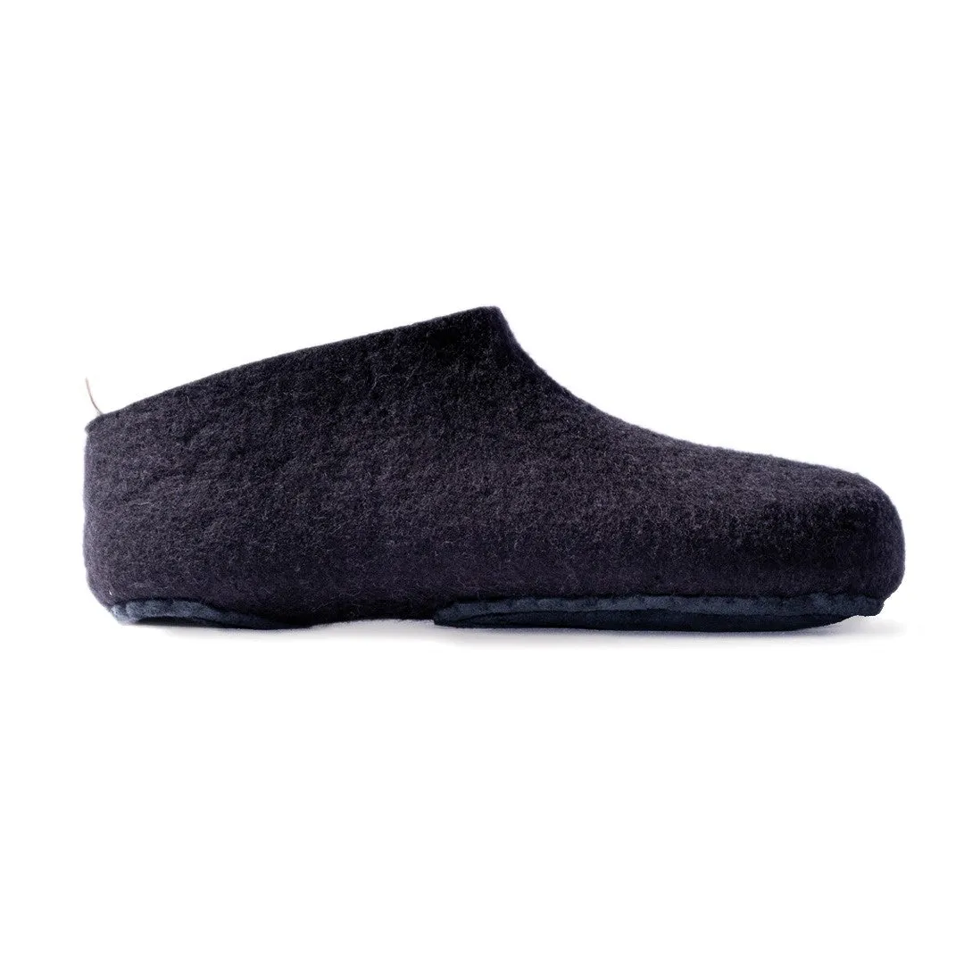 100% felt wool slipper black with a deep plum colour interior