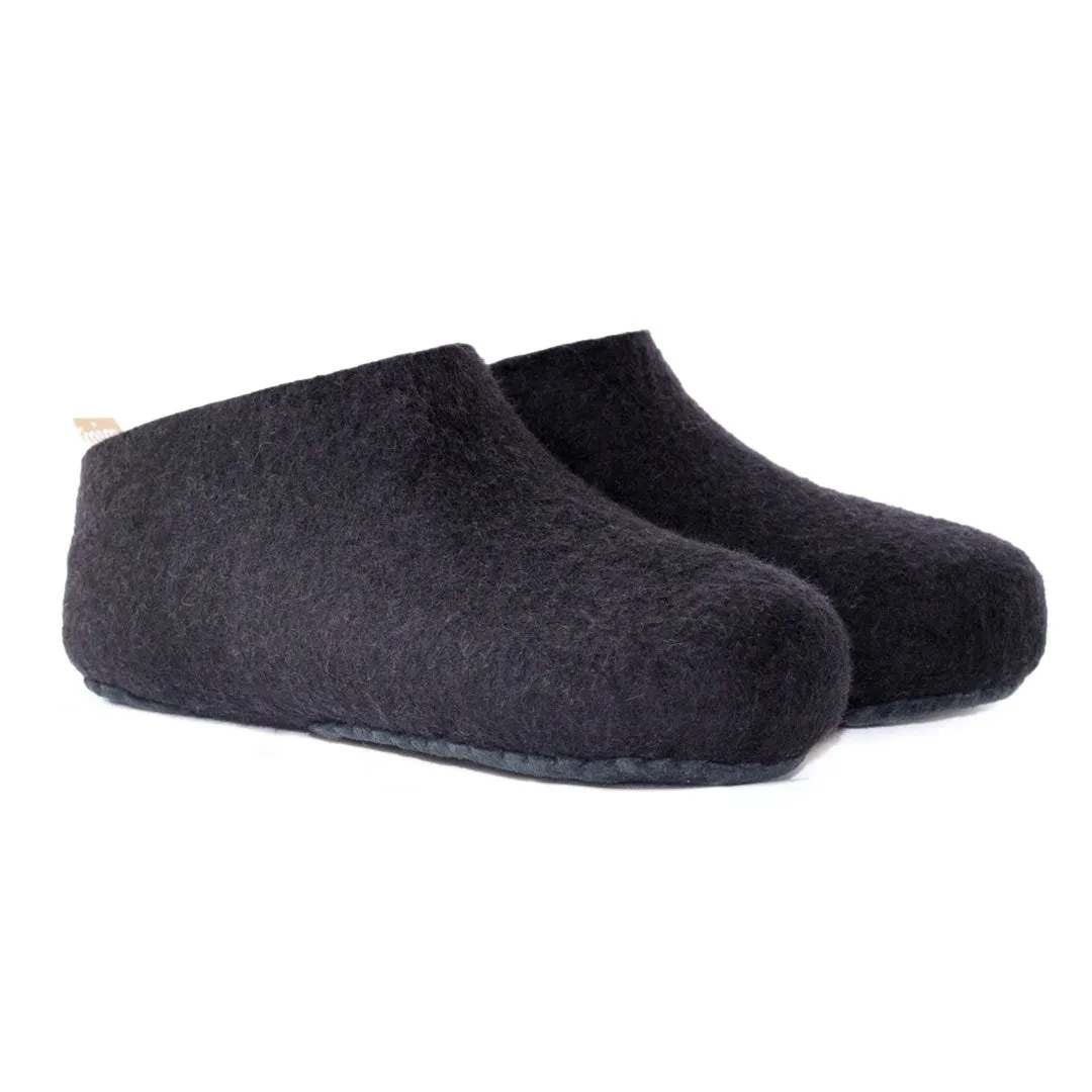 100% felt wool slipper black with a deep plum colour interior