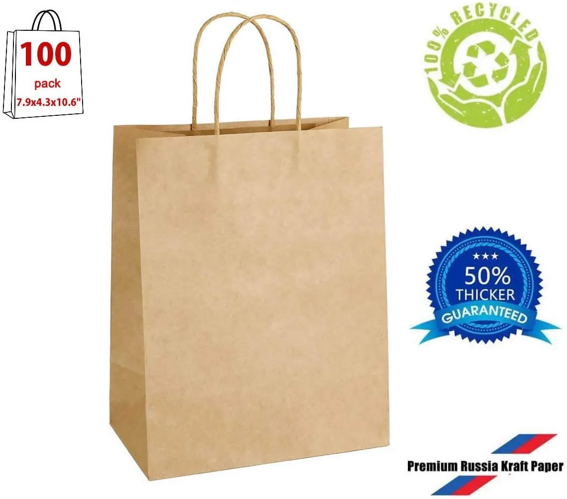 100Pcs Kraft Paper Bags 7.8x4.25x10.6" Gift Bag with Handles for Wedding Party Craft Retail Packaging ,Recycled Twist handles Brown Shopping Bags (Brown,S-100)