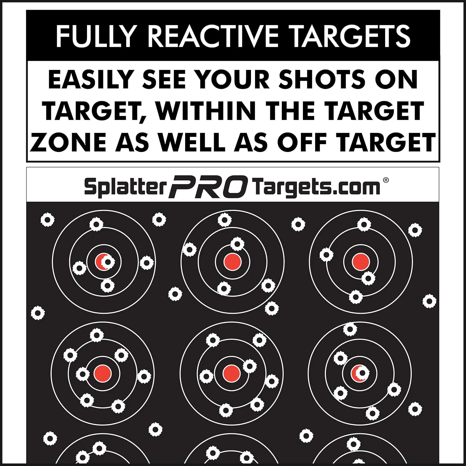 12x12 Splatter Targets. Shots Burst with Bright White Halo Upon Impact. Instantly See Your Shots.