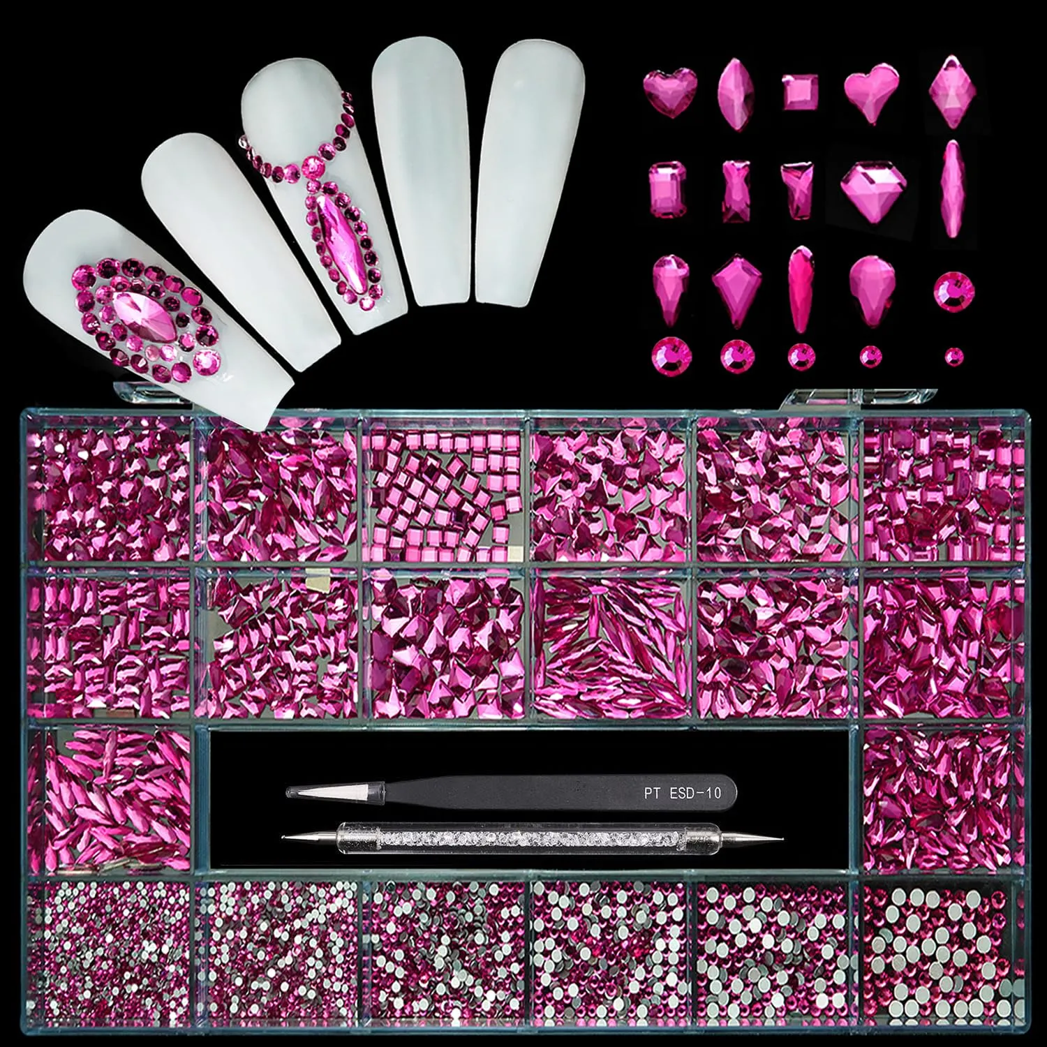 14 Types of 700 Rose Pink Diamonds   2100 Flat Rhinestones Mix 20 Styles Flatback DIY Crafts Rhinestone Crystals 3D Ornament‌s Flat Back Stones Set   Tweezers   Drill Pen