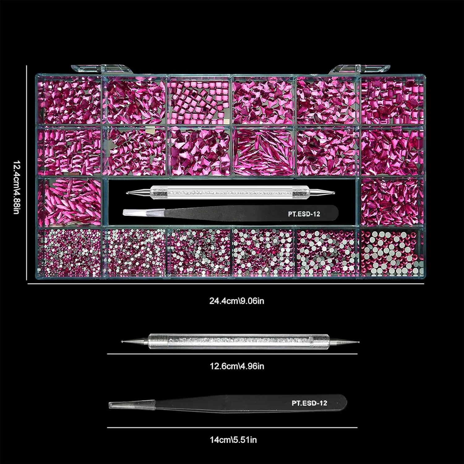 14 Types of 700 Rose Pink Diamonds   2100 Flat Rhinestones Mix 20 Styles Flatback DIY Crafts Rhinestone Crystals 3D Ornament‌s Flat Back Stones Set   Tweezers   Drill Pen