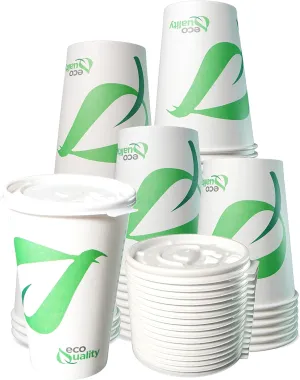 16 oz Compostable Paper Cups with White Flat Lids - Biodegradable Disposable White Paper Coffee Cups PLA Lined - Eco-friendly Hot and Cold Drinking Cups (200)