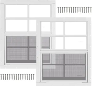 2 Pack 18" x 23" White Shed Window with Tempered Glass and Fiberglass Screen Household Sliding Windows with Screws for Shed, Chicken Coop, Playhouse, Garage and Barns