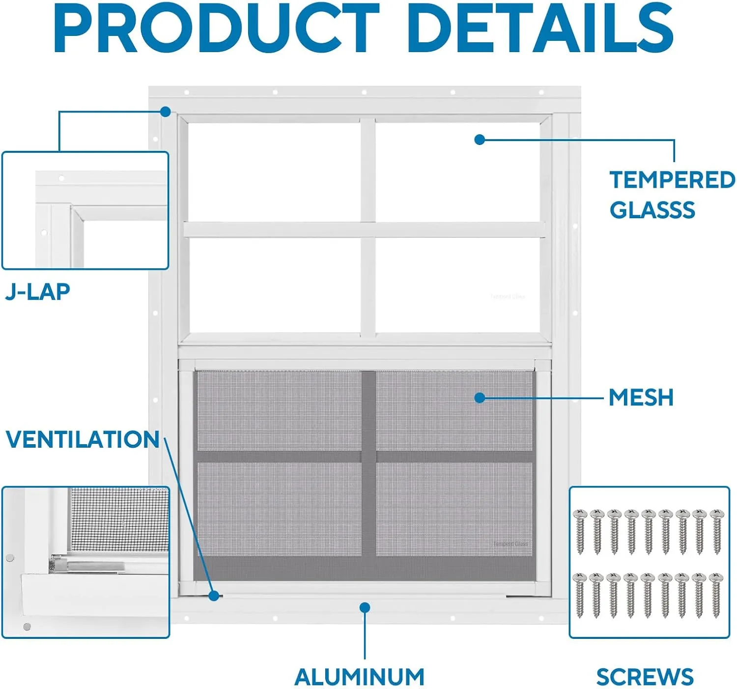 2 Pack 18" x 23" White Shed Window with Tempered Glass and Fiberglass Screen Household Sliding Windows with Screws for Shed, Chicken Coop, Playhouse, Garage and Barns