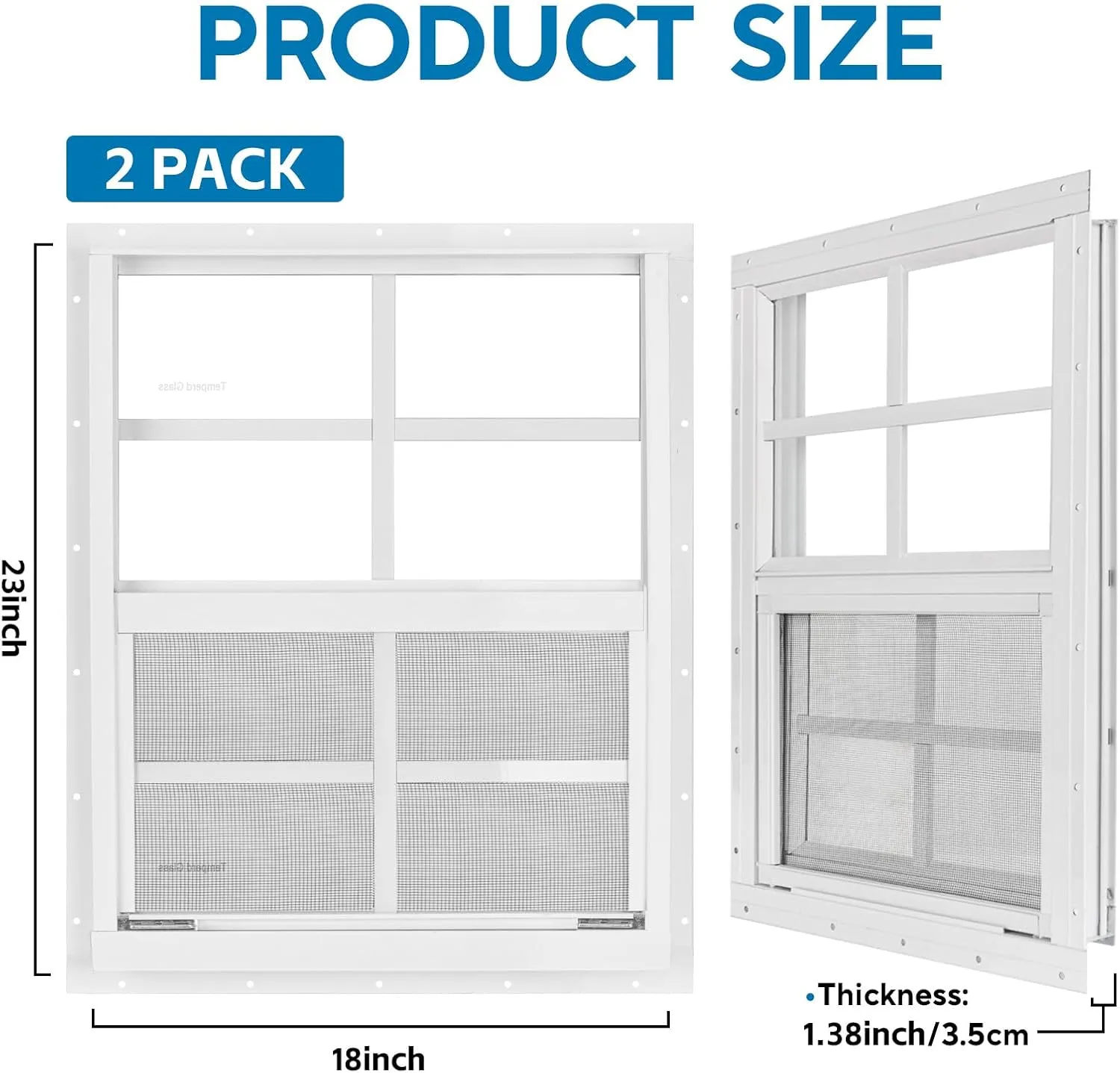 2 Pack 18" x 23" White Shed Window with Tempered Glass and Fiberglass Screen Household Sliding Windows with Screws for Shed, Chicken Coop, Playhouse, Garage and Barns