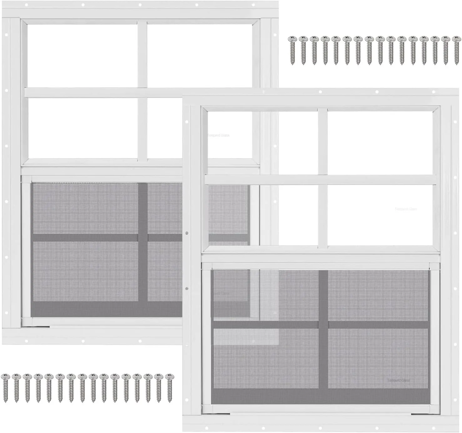 2 Pack 18" x 23" White Shed Window with Tempered Glass and Fiberglass Screen Household Sliding Windows with Screws for Shed, Chicken Coop, Playhouse, Garage and Barns