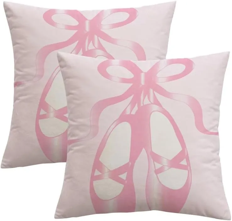 2 Pack Decorative Square Throw Pillow Cases Velvet Pink Ballerina Ballet Bow Shoes Beauty Sports Recreation French Slipper Princess Dancer Girl Tutu Cushion Cover 16x16 Inch for Couch Bedroom Car