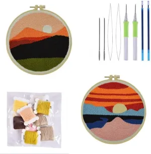 2 Pack Easy Dusk,Sunrise Punch Needle Embroidery Starter Kits for Kids and Adults Beginners with Punch Needle Tool,Threader, Stamped Fabric Embroidery,Hoop,Pen, Punch Needle Kits
