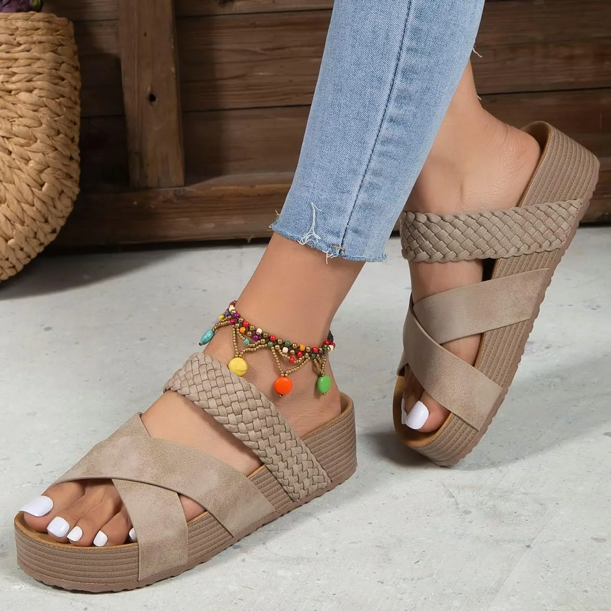 2025 Women'S Platform Sandals Flat Shoes Fashion Casual Hollow Open Toe Comfortable and Lightweight Outdoor Slippers