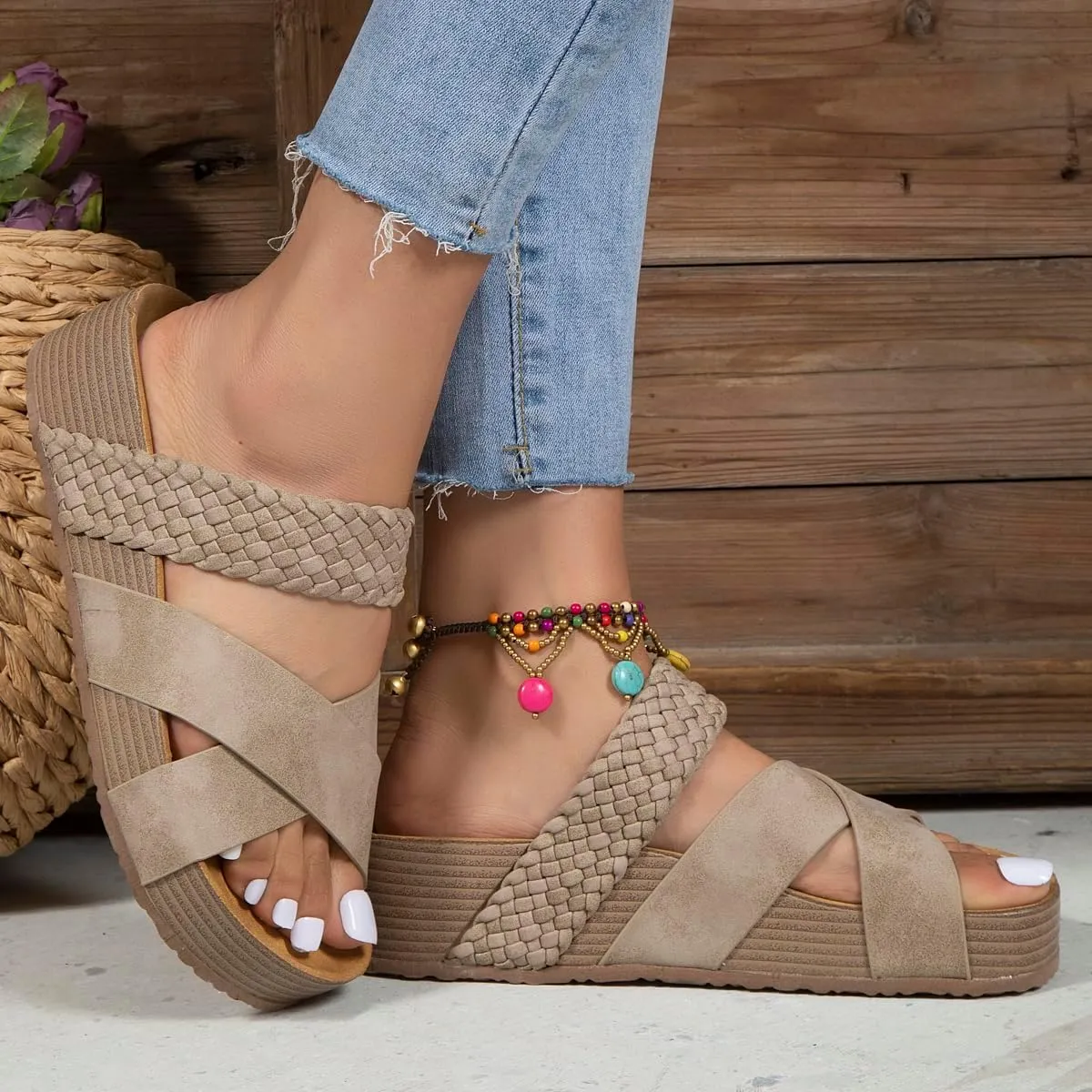 2025 Women'S Platform Sandals Flat Shoes Fashion Casual Hollow Open Toe Comfortable and Lightweight Outdoor Slippers