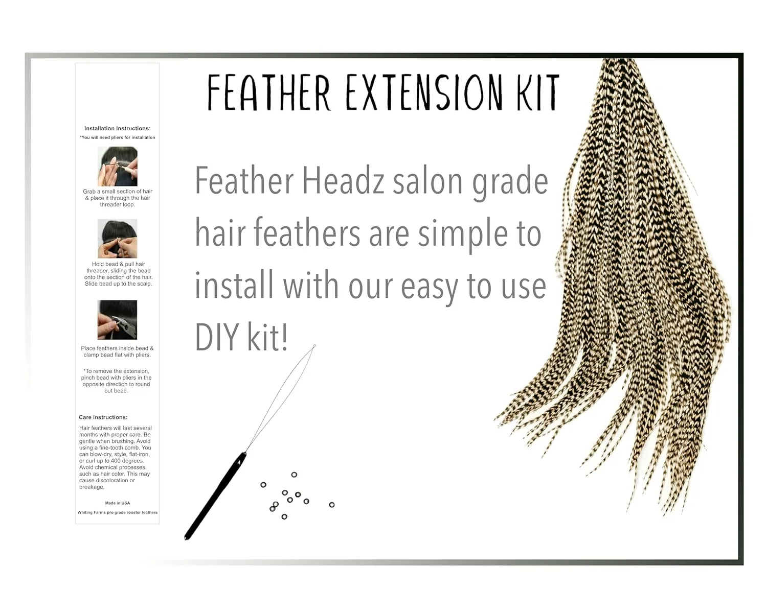 21 Grizzly Color Hair Feathers - 9”- 14” Long - Feathers for Hair Extension, Hair Extension DIY Kit - Eye-Catching Design - 20 Micro-link Beads - 100% Real Rooster Feathers