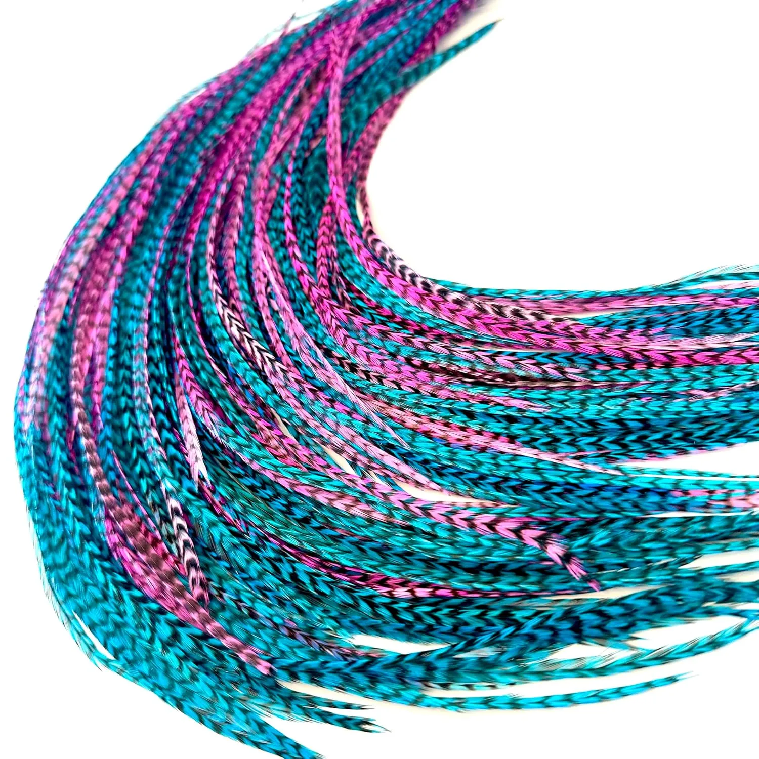 21 Hot Pink & Turquoise Grizzly Color Hair Feathers - 7”- 12” Long - Feathers for Hair Extension, Rooster Feathers DIY Kit - Eye-Catching Design - 10 Micro-link Beads - 100% Real Rooster Feathers
