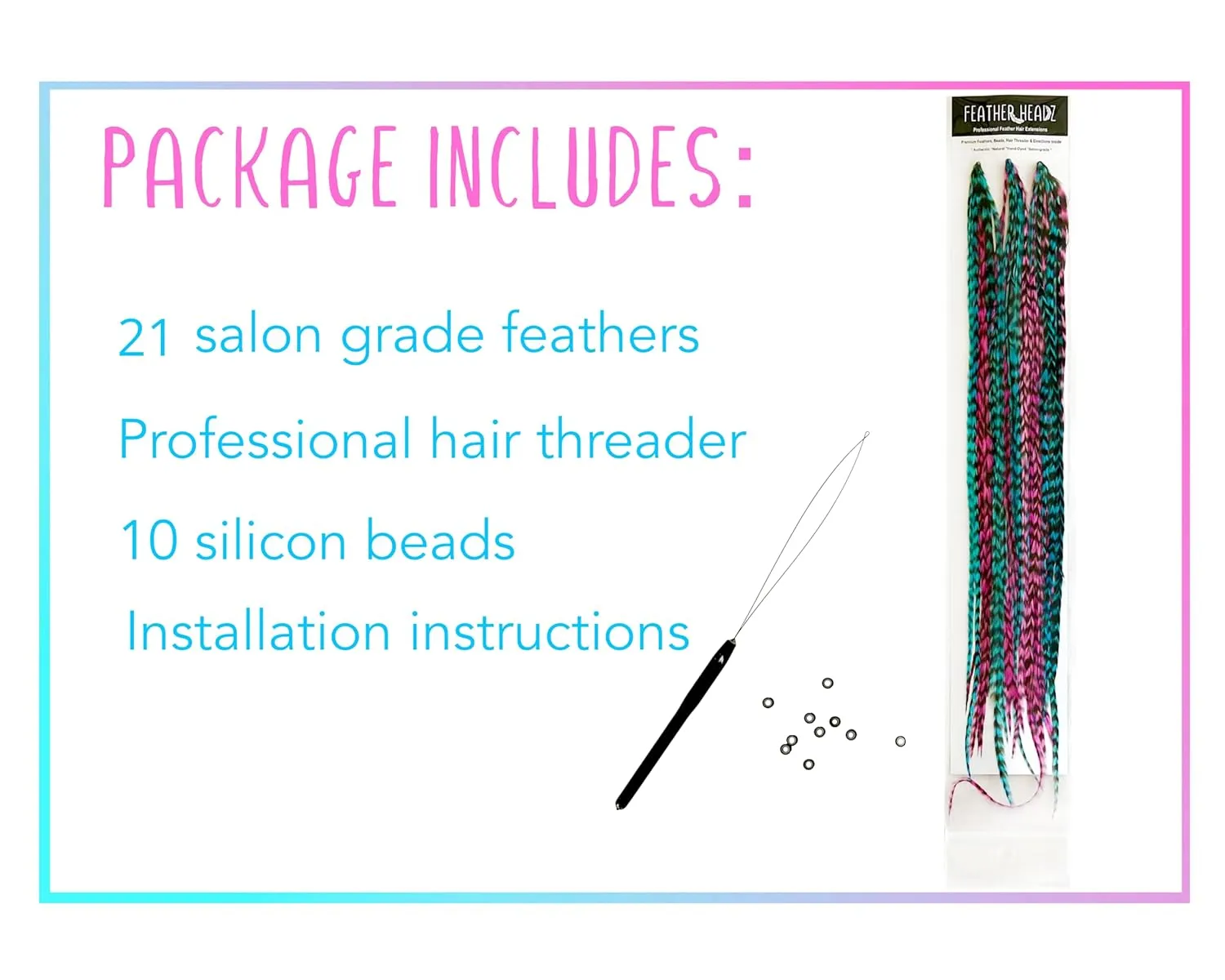 21 Hot Pink & Turquoise Grizzly Color Hair Feathers - 7”- 12” Long - Feathers for Hair Extension, Rooster Feathers DIY Kit - Eye-Catching Design - 10 Micro-link Beads - 100% Real Rooster Feathers