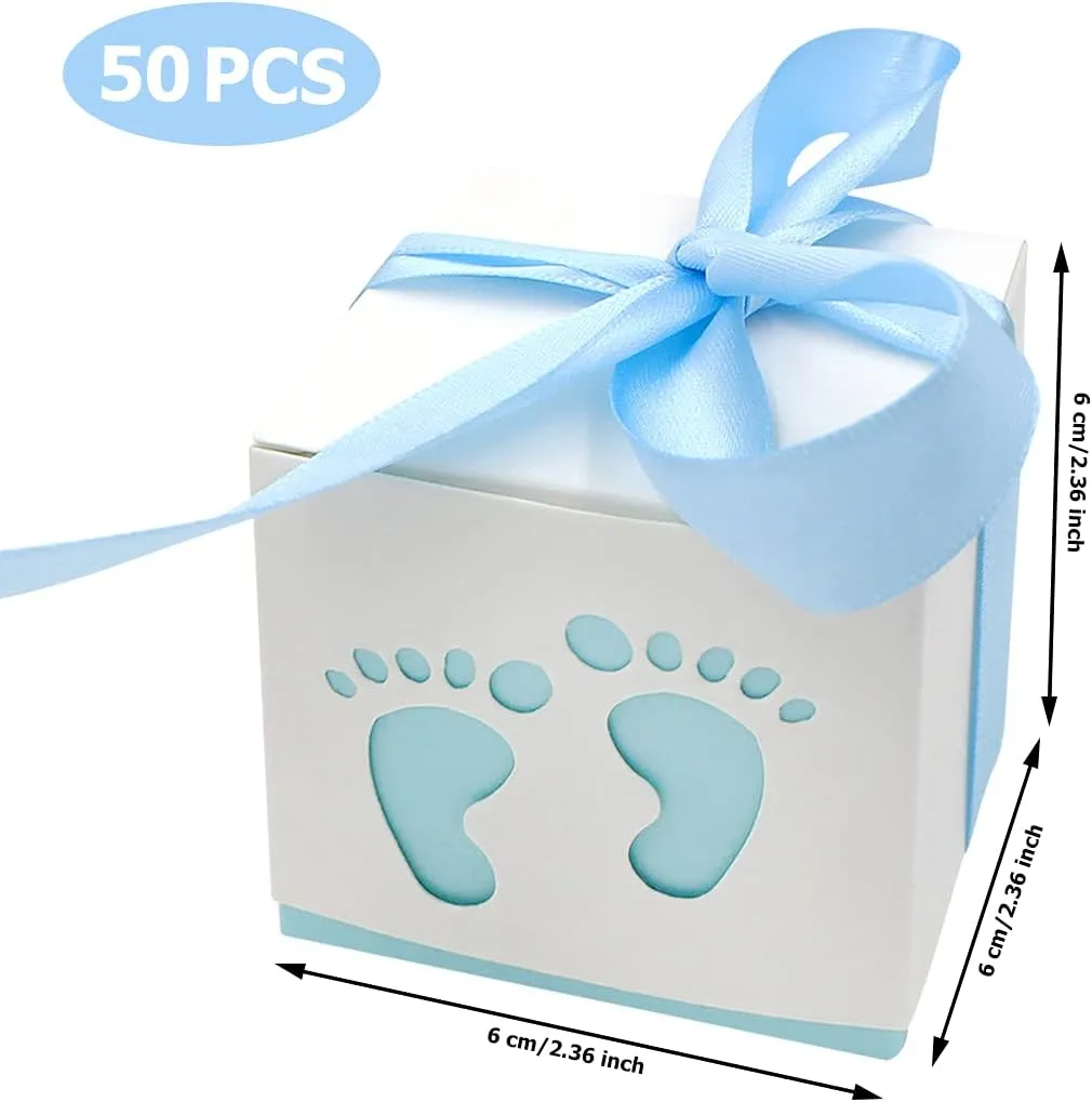 50pcs Baby Shower Party Favor Boxes, 2.4 x 2.4 inch Small Candy Gift Treat Boxes Footprint Design for Kids Birthday Baby Shower Guests Wedding Party Supplies with Ribbon,Blue