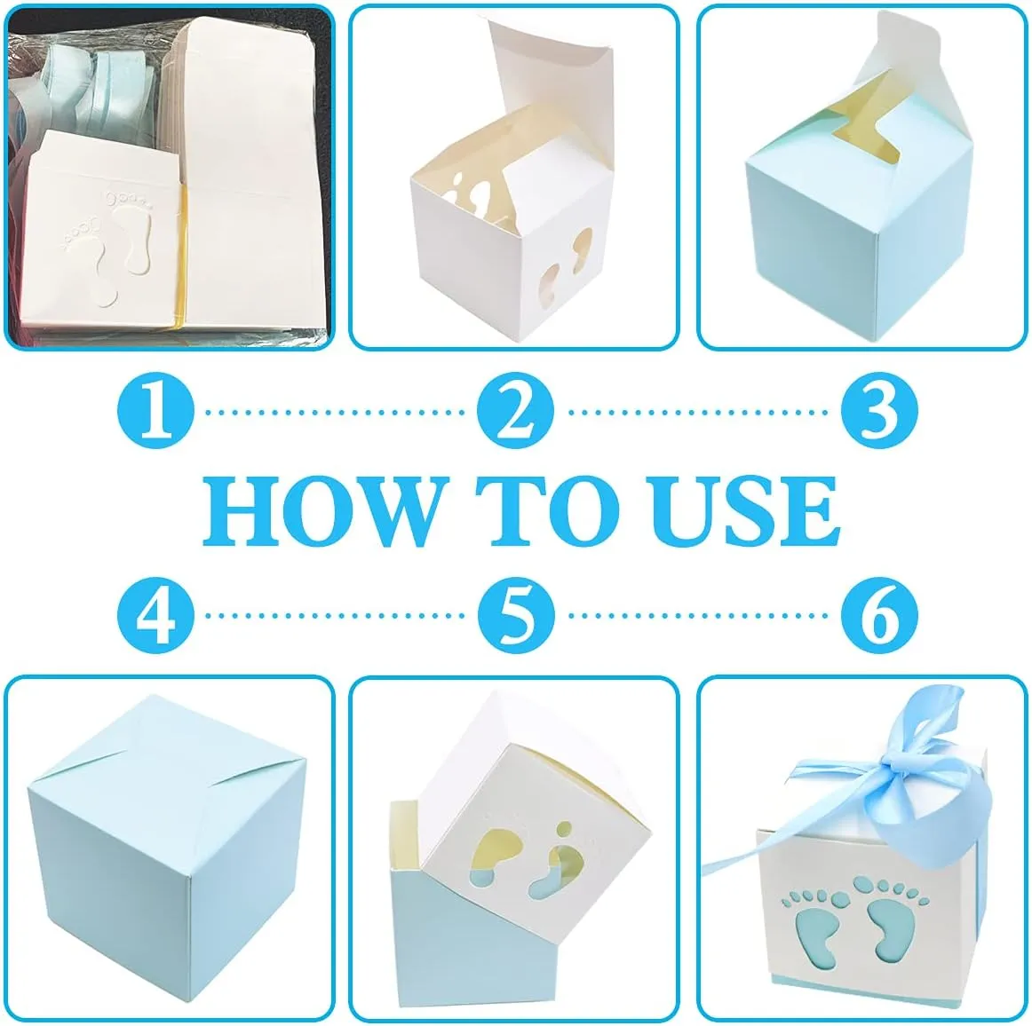 50pcs Baby Shower Party Favor Boxes, 2.4 x 2.4 inch Small Candy Gift Treat Boxes Footprint Design for Kids Birthday Baby Shower Guests Wedding Party Supplies with Ribbon,Blue