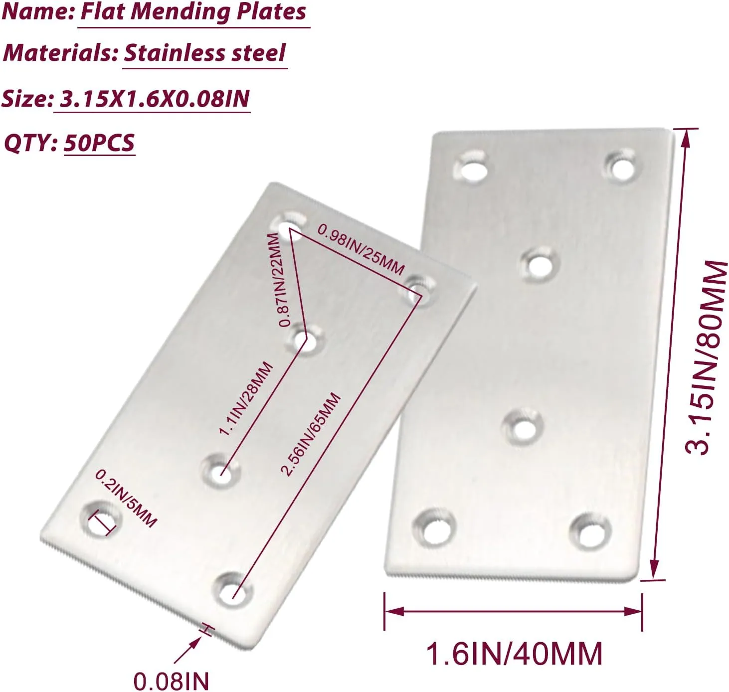 50PCS Flat Mending Plates,3-1/8''304 Heavy Duty Stainless Steel Straight Mending Joining Plates, Metal Straight Brace for Shelves,Cabinet,Furniture Corner Repair Fixing-Silver,3.15X1.57X0.08IN