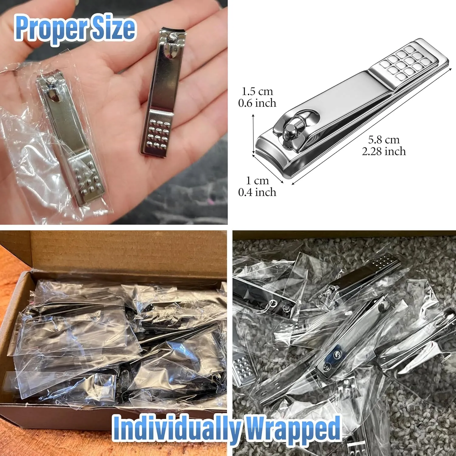 60-Pack Bulk Nail Clippers Individually Wrapped Fingernail Clippers Pack, Non Slip Curved Edge Toe Nail Clippers, Nail Cutter for Thick Nails Women Men Seniors Homeless Care (Silver)