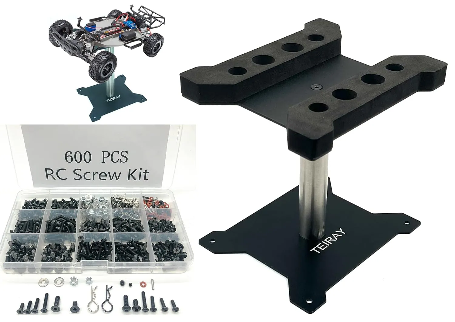 600pcs Universal RC Screw Kit Screws Assortment and Aluminum Repair Work Stand Hardware Fasteners for Traxxas Axial Redcat HPI Arrma SCX10 Losi 1/8 1/10 1/12 1/16 Car Crawler Body Clips（Black）