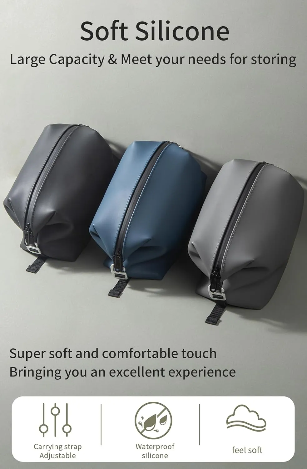 6.5" 3L Large Silicone Dopp Kit,Waterproof Leakproof Toiletry Bag,Foldable Travel Makeup Case for Mens Womens