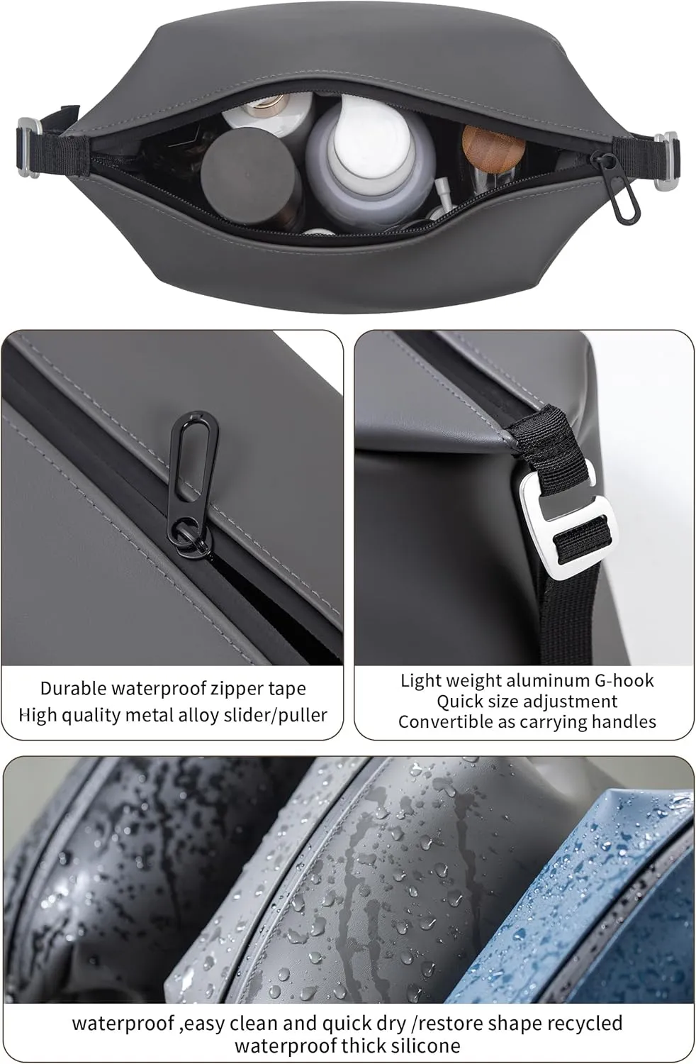 6.5" 3L Large Silicone Dopp Kit,Waterproof Leakproof Toiletry Bag,Foldable Travel Makeup Case for Mens Womens