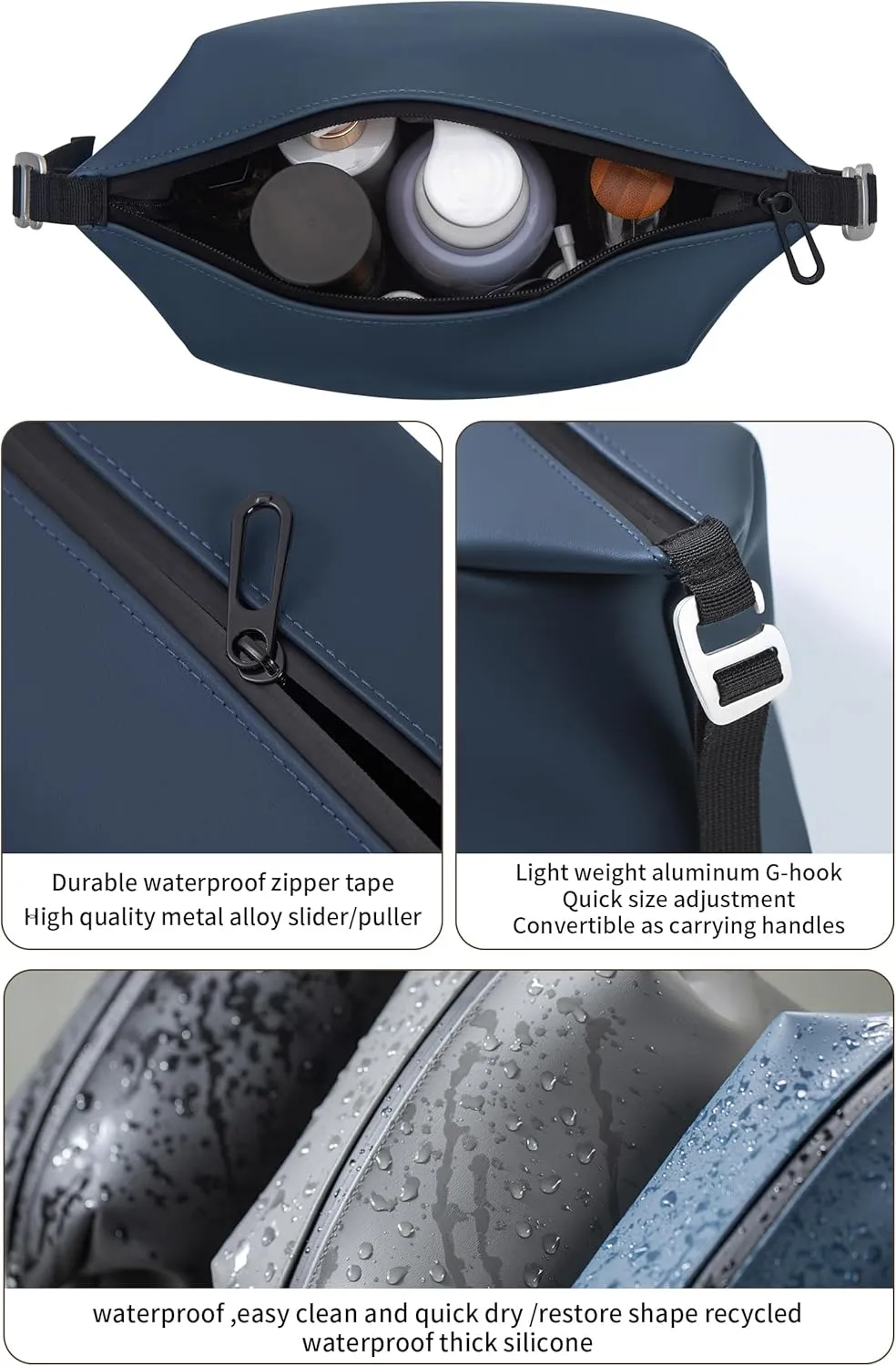 6.5" 3L Large Silicone Dopp Kit,Waterproof Leakproof Toiletry Bag,Foldable Travel Makeup Case for Mens Womens,Navy