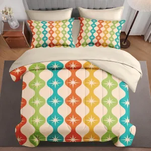 7 Pcs Comforter Set King Size, Mid Century Atomic Colorful Bed in a Bag with Flat Sheet and Fitted Sheet for Kids and Adults, Green Teal Orange Bedding Set with Pillowcase & Sham