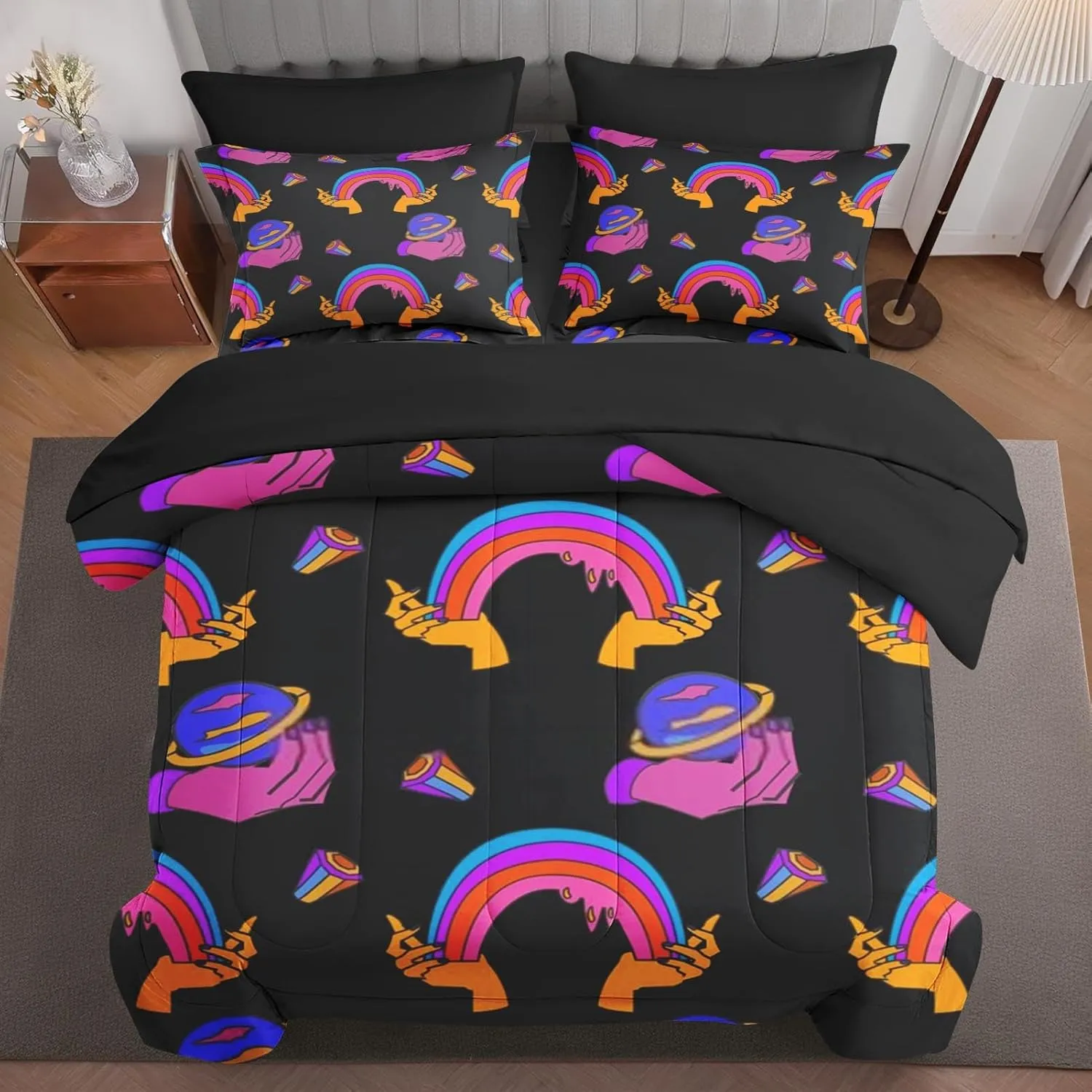7 Pcs Comforter Set King Size, Space Trippy Rainbow Bed in a Bag with Flat and Fitted Sheet for Kids and Adults, Retro Happy Diamond Bedding Set with 2 Pillowcases & 2 Shams