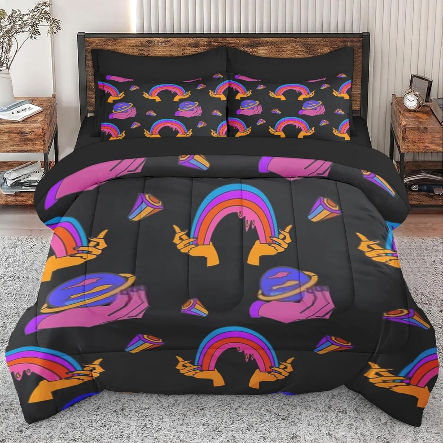 7 Pcs Comforter Set King Size, Space Trippy Rainbow Bed in a Bag with Flat and Fitted Sheet for Kids and Adults, Retro Happy Diamond Bedding Set with 2 Pillowcases & 2 Shams