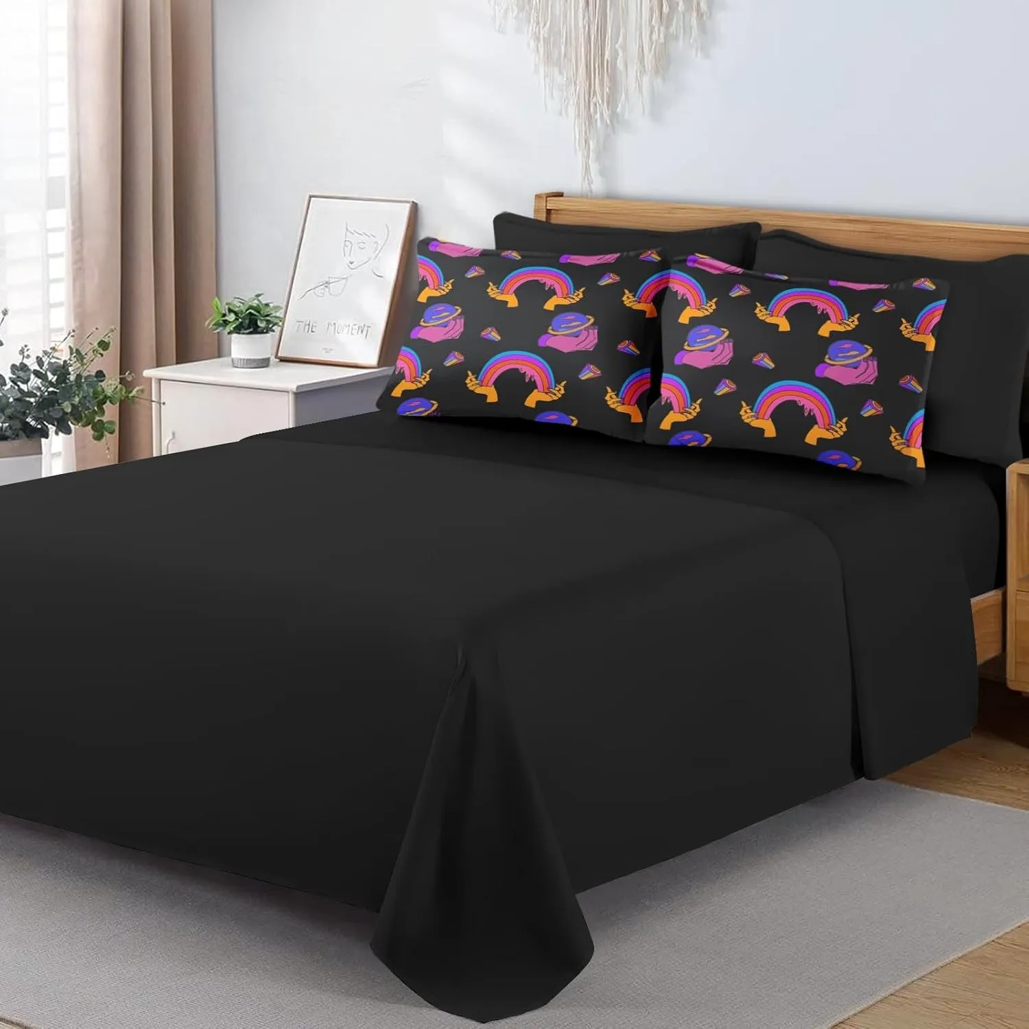 7 Pcs Comforter Set King Size, Space Trippy Rainbow Bed in a Bag with Flat and Fitted Sheet for Kids and Adults, Retro Happy Diamond Bedding Set with 2 Pillowcases & 2 Shams