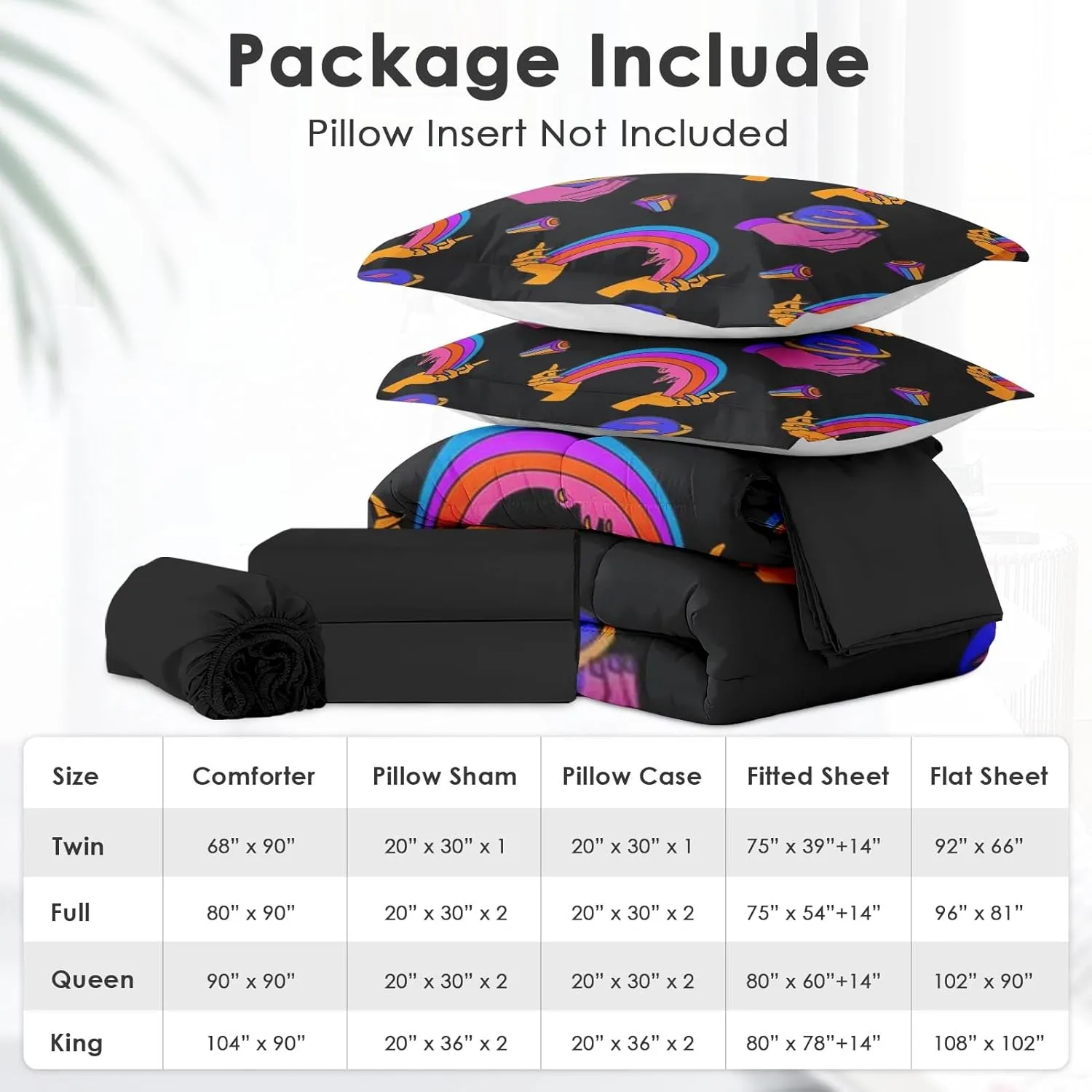7 Pcs Comforter Set King Size, Space Trippy Rainbow Bed in a Bag with Flat and Fitted Sheet for Kids and Adults, Retro Happy Diamond Bedding Set with 2 Pillowcases & 2 Shams