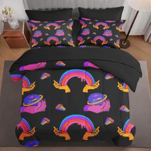 7 Pcs Comforter Set King Size, Space Trippy Rainbow Bed in a Bag with Flat and Fitted Sheet for Kids and Adults, Retro Happy Diamond Bedding Set with 2 Pillowcases & 2 Shams