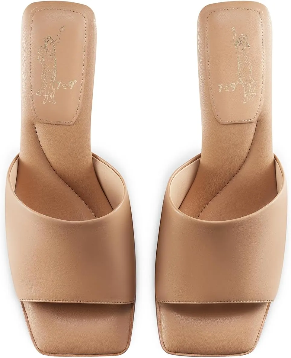 7or9 Women Sofa Sandals Comfortable Lambskin Slide Heeled Sandals Dressy Square Toe Block High Heels Strap Sandals