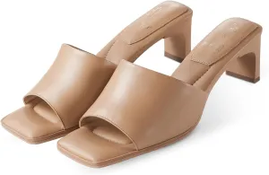 7or9 Women Sofa Sandals Comfortable Lambskin Slide Heeled Sandals Dressy Square Toe Block High Heels Strap Sandals