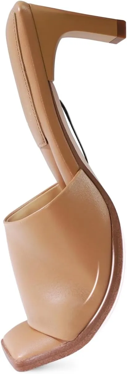 7or9 Women Sofa Sandals Comfortable Lambskin Slide Heeled Sandals Dressy Square Toe Block High Heels Strap Sandals