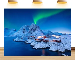 9X6ft Fabric Aurora-Themed Backdrop Snow-Covered Mountain Oceans Colorful Vacation Background Party Decoration Banner Photo Booth Props