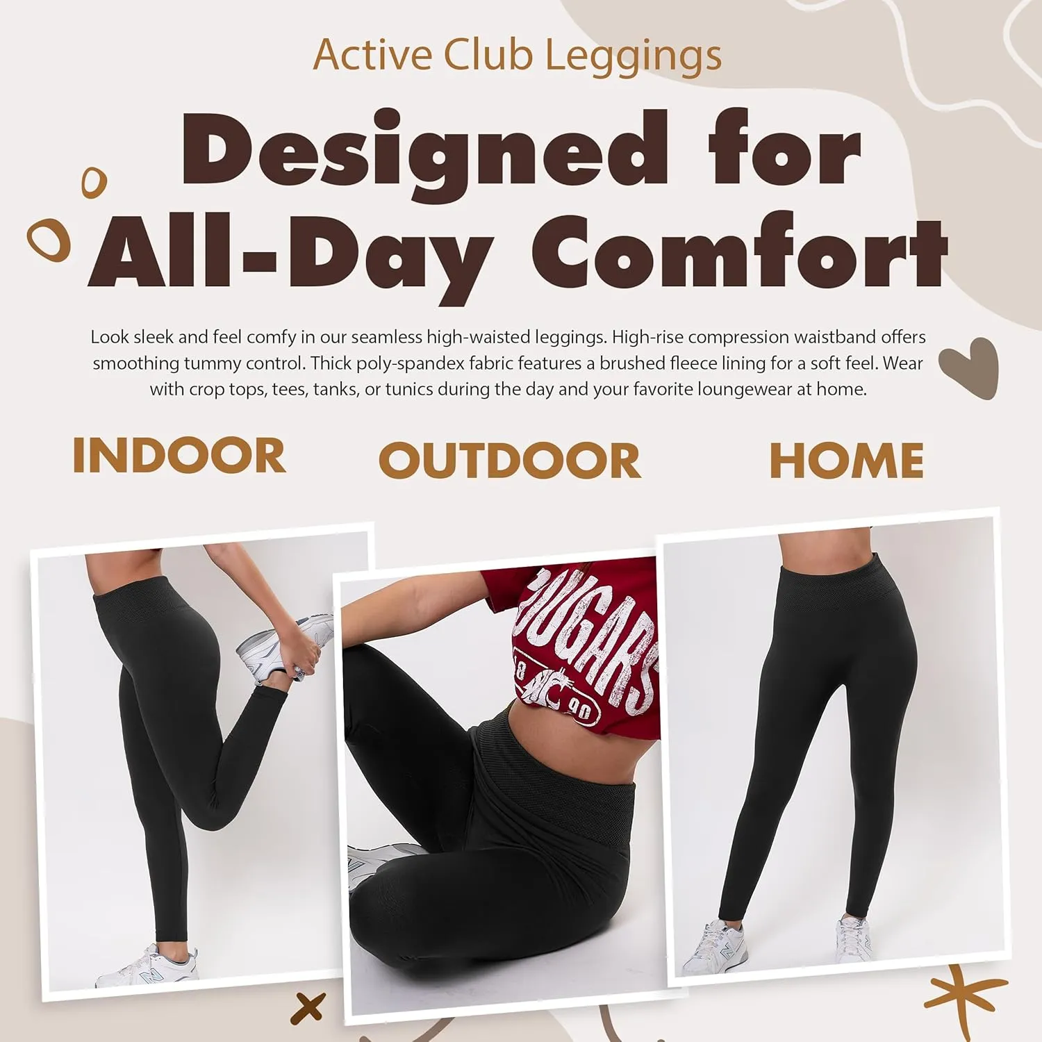 Active Club 3 or 6-Pack Fleece Lined Leggings for Women, High-Waisted Women’s Leggings with Wide Waistband and Fleece Lining