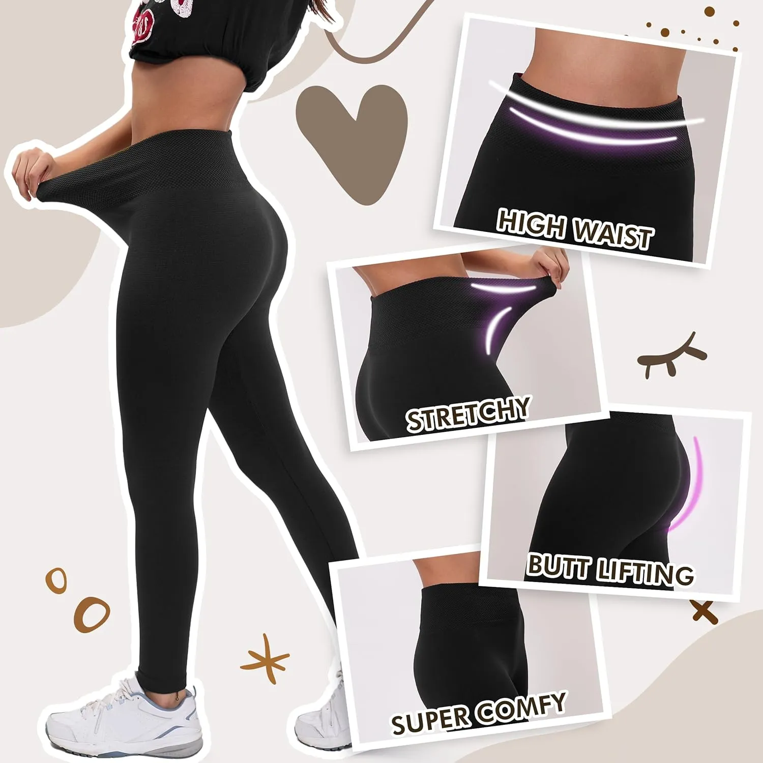 Active Club 3 or 6-Pack Fleece Lined Leggings for Women, High-Waisted Women’s Leggings with Wide Waistband and Fleece Lining