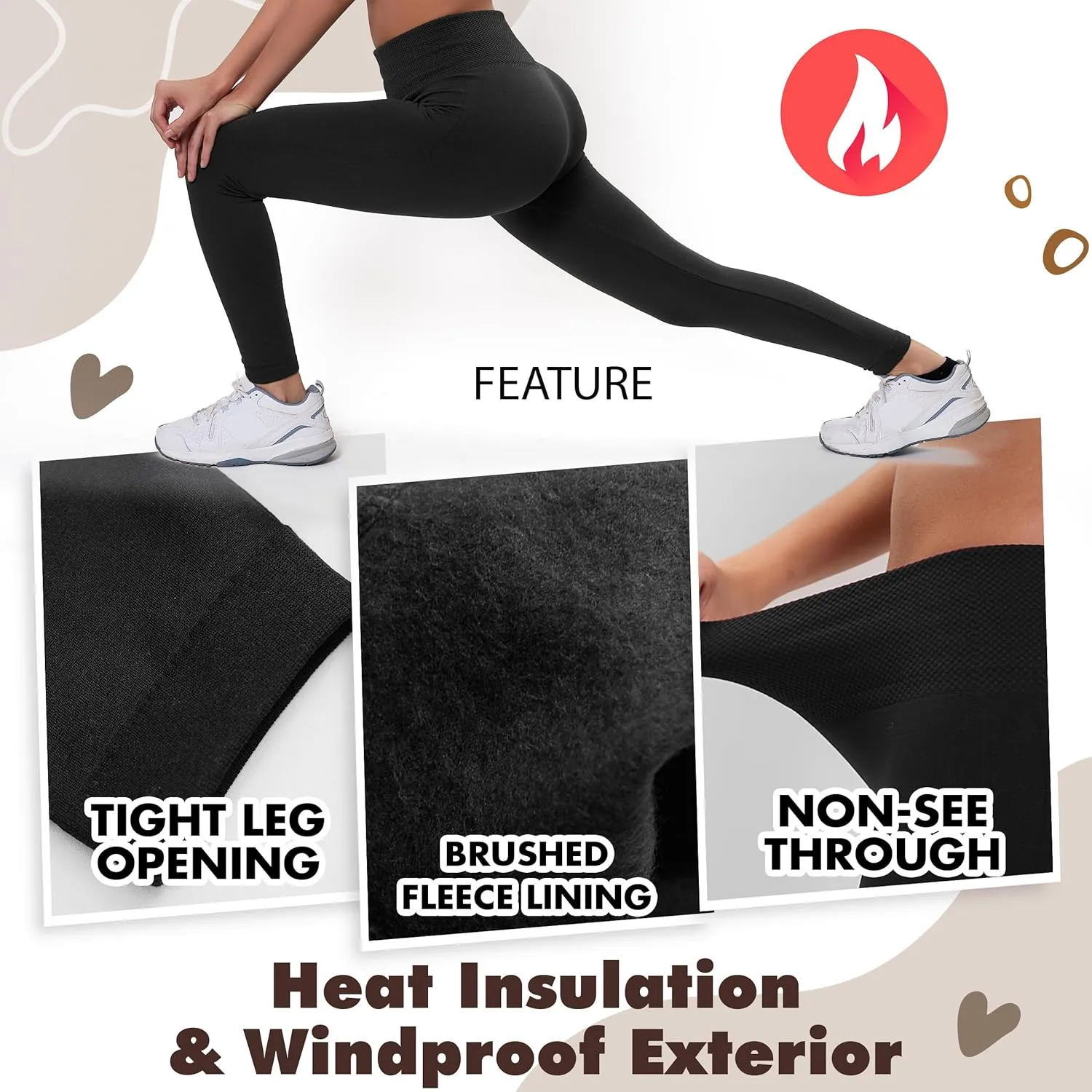 Active Club 3 or 6-Pack Fleece Lined Leggings for Women, High-Waisted Women’s Leggings with Wide Waistband and Fleece Lining