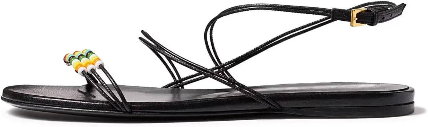 Agodor Slingback Flats Sandals for Women Beaded Open Toe Strappy Bohemian Sandals for Women With Buckle Summer Beach Sandal Casual Daily Dress Black Shoes
