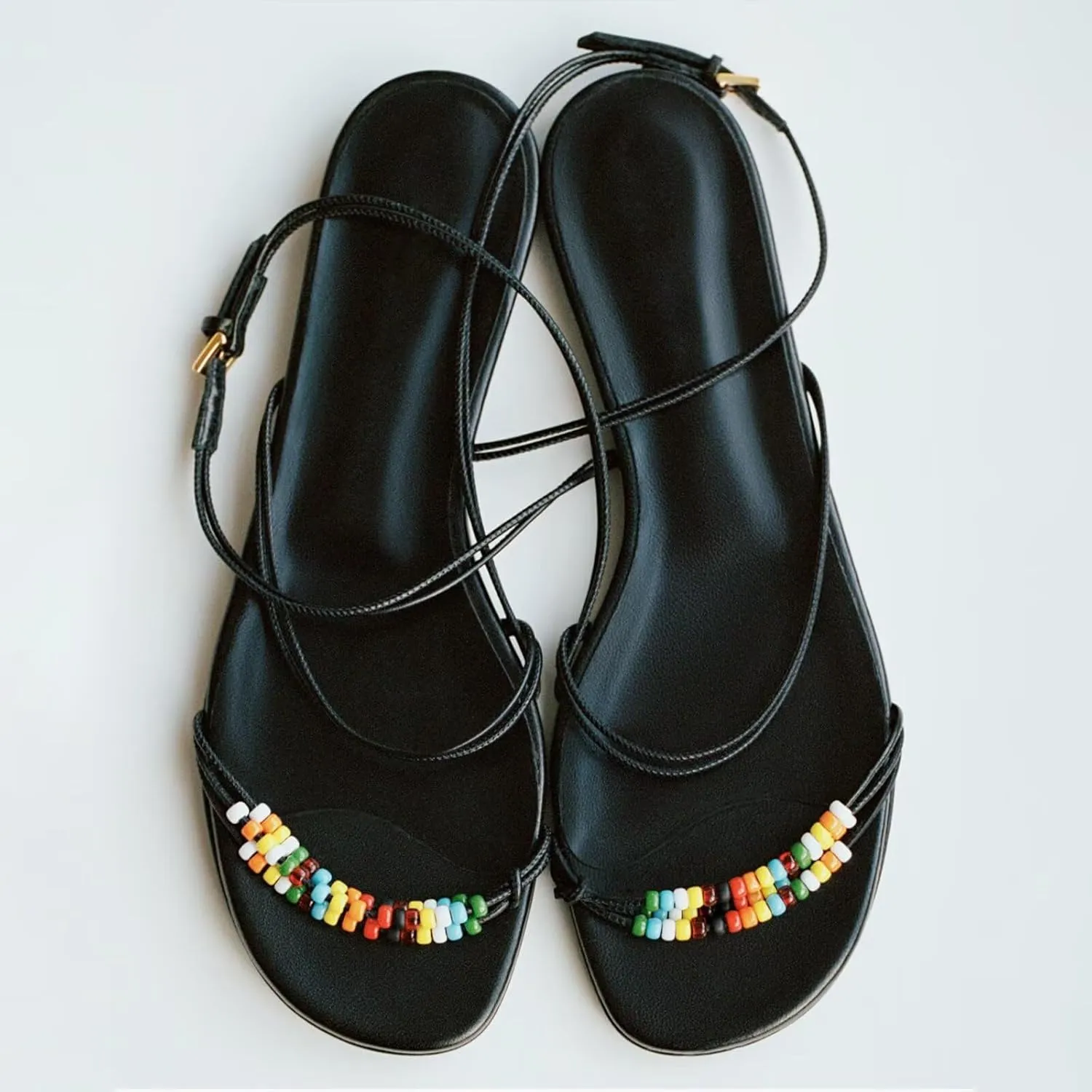Agodor Slingback Flats Sandals for Women Beaded Open Toe Strappy Bohemian Sandals for Women With Buckle Summer Beach Sandal Casual Daily Dress Black Shoes