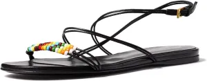 Agodor Slingback Flats Sandals for Women Beaded Open Toe Strappy Bohemian Sandals for Women With Buckle Summer Beach Sandal Casual Daily Dress Black Shoes