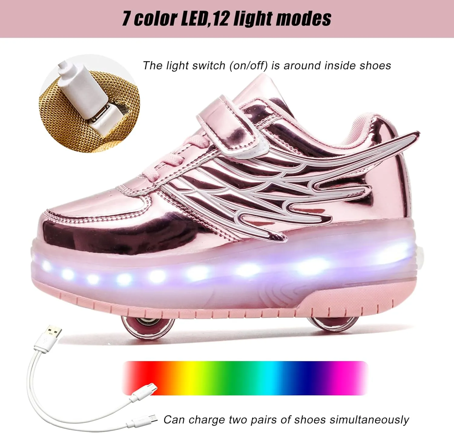 Aikuass USB Chargable LED Light Up Roller Shoes Wheeled Skate Sneaker Shoes for Boys Girls Kids