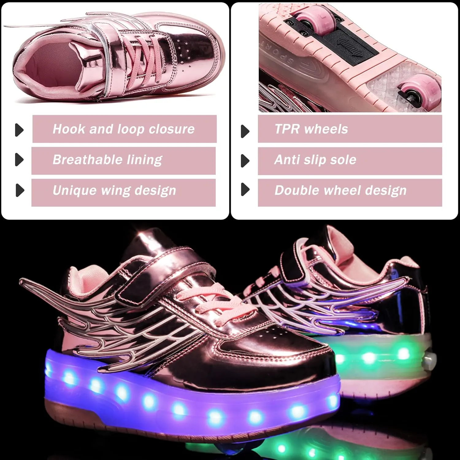 Aikuass USB Chargable LED Light Up Roller Shoes Wheeled Skate Sneaker Shoes for Boys Girls Kids