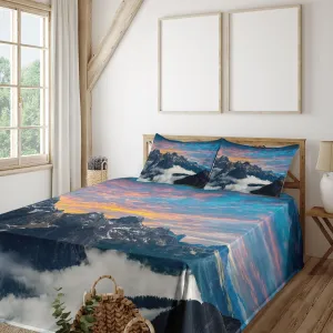 Ambesonne Mountain Sheet Set, Alpine Scenery Foggy Italian Natural Park Vivid Sky Above Clouds Photography, Fitted and Flat Sheet with Pillowcases Bedding Accent 4 Piece Set, Calking, Black White Blue